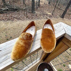 Birdies The Starling Brown Velvet Smoking Slippers Plush Fur Lined - Size 8